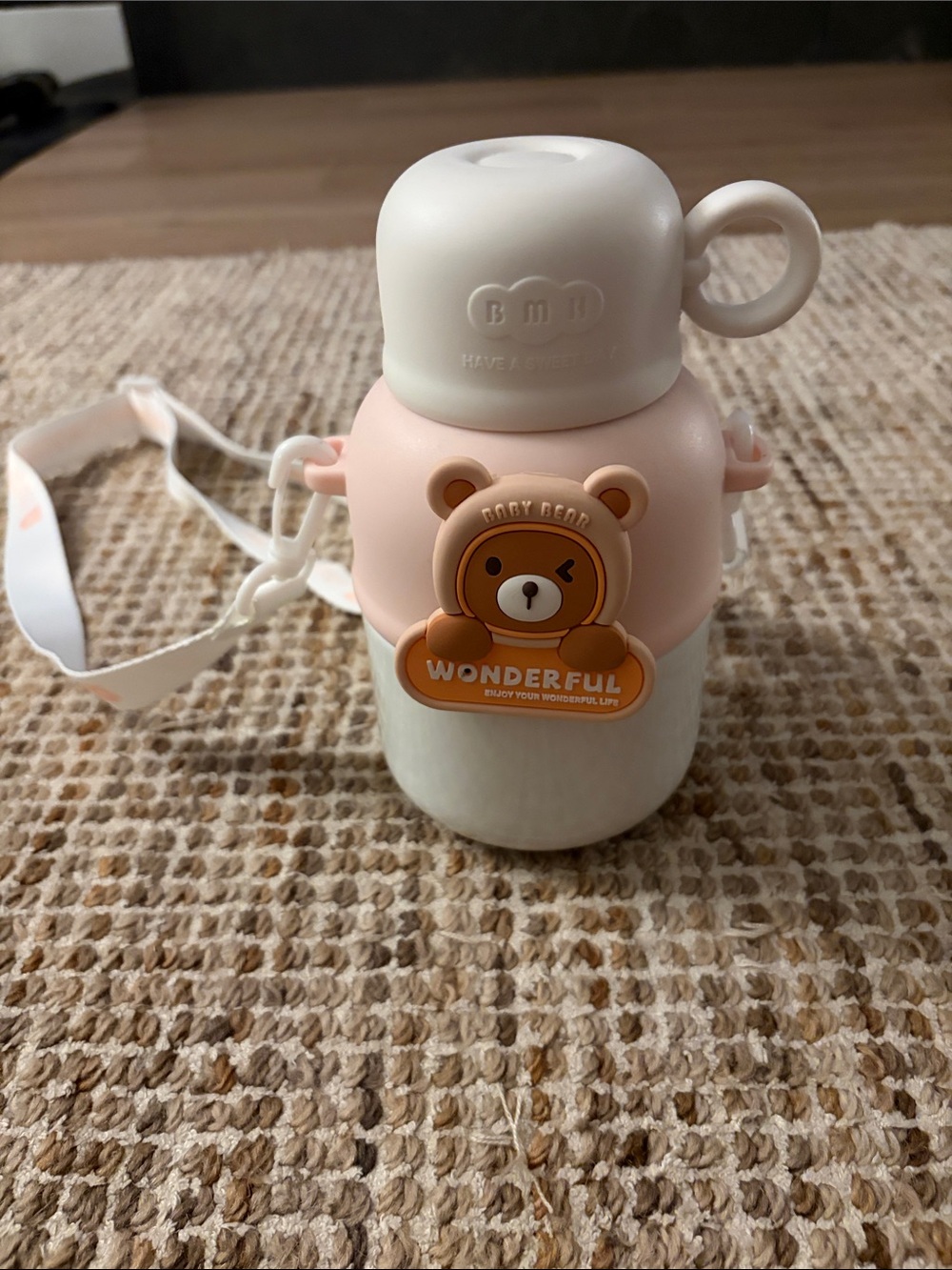 Baby Bear Pink & White Kids Water Bottle with Strap